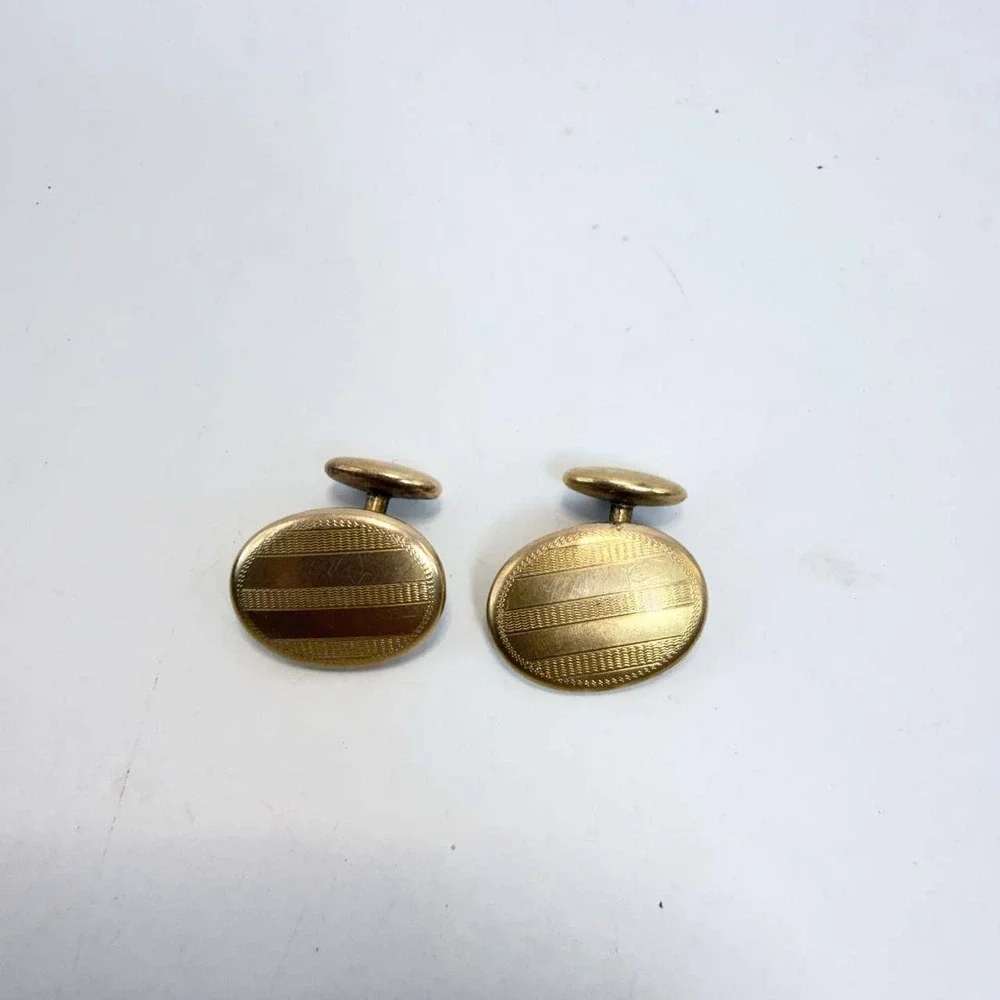 Vintage Gold Filled Oval Cufflinks Art Deco Engine Turned Pinstripe Bean Back